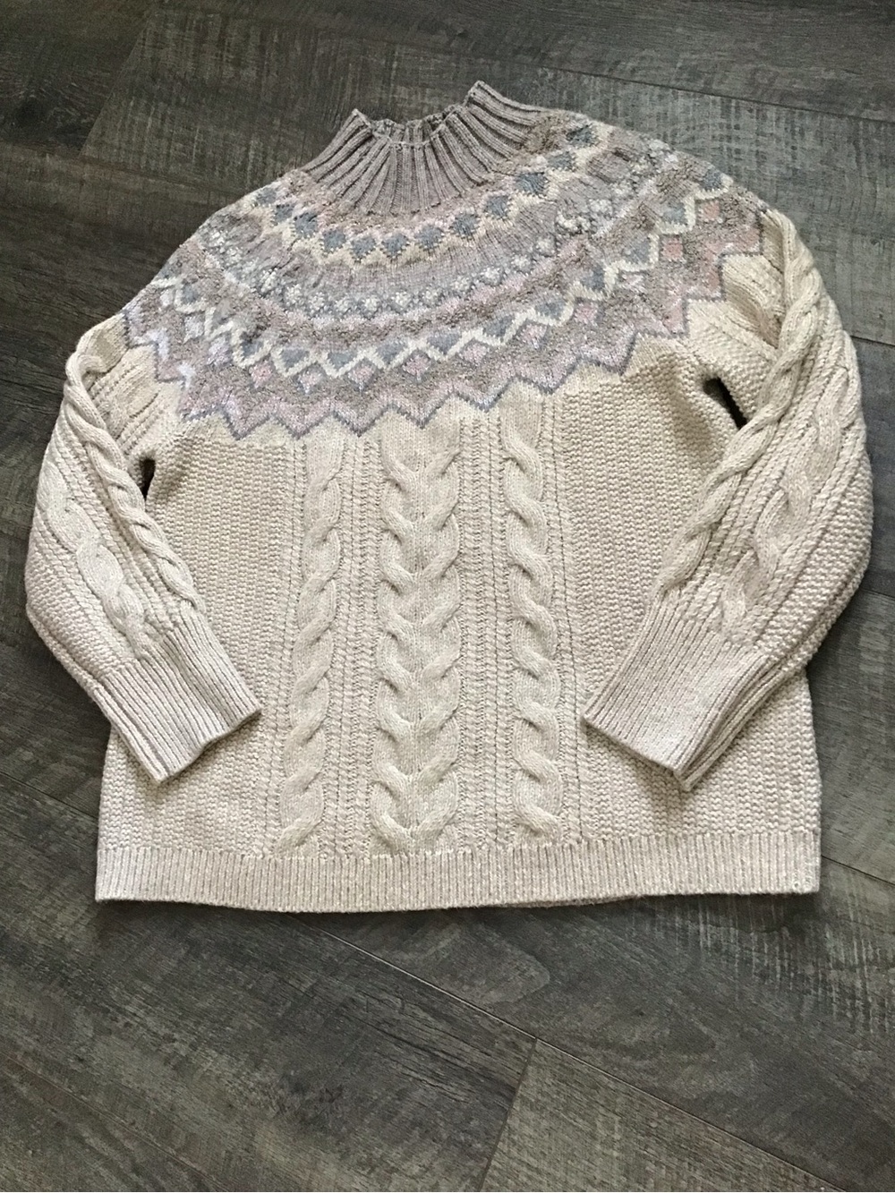 Chico's Cream Cable Knit Fair Isle Mock Neck Sweater